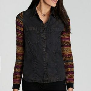 Free People Black Top with Multicolor Sleeves